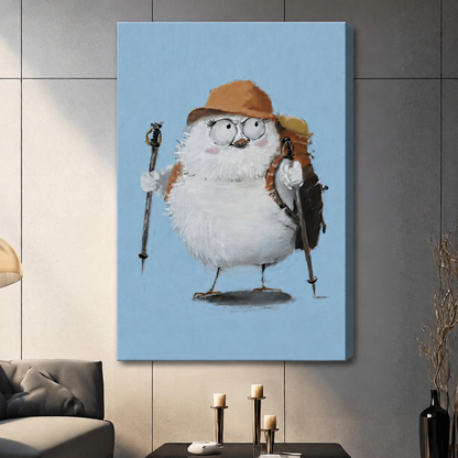 Canvas print of a whimsical fluffy bird hiker with trekking poles and backpack on sky blue background, modern living room wall art