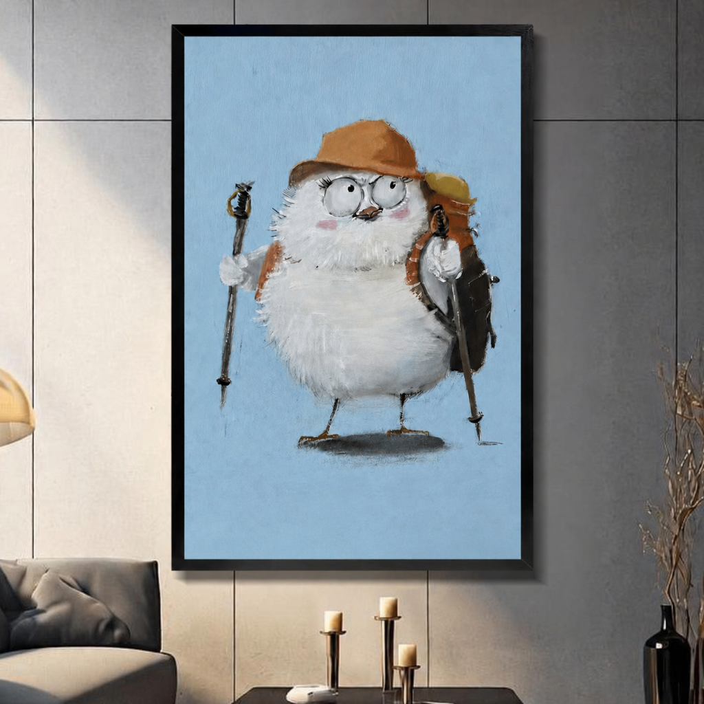 Framed canvas wall art of a chubby hiker bird wearing a brown hat, glasses and backpack on light blue background, living room decor