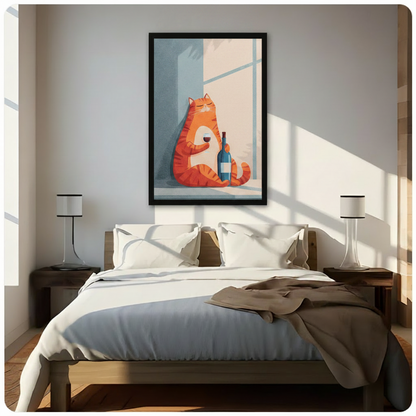 Chubby orange cat with red wine framed canvas displayed above bed in sunlit neutral bedroom - serene minimalist flat illustration cat wall art with warm orange and soft powder blue window light for cozy bedroom decor