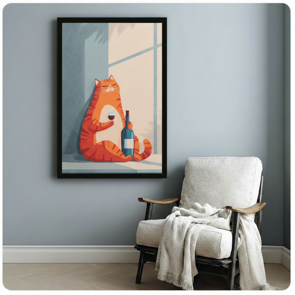 Framed chubby orange tabby cat enjoying red wine by window wall art beside wooden accent chair with linen throw - serene minimalist flat illustration cat canvas print with soft blue tones and warm sunlight for reading nook