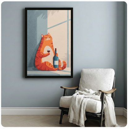 Framed chubby orange tabby cat enjoying red wine by window wall art beside wooden accent chair with linen throw - serene minimalist flat illustration cat canvas print with soft blue tones and warm sunlight for reading nook