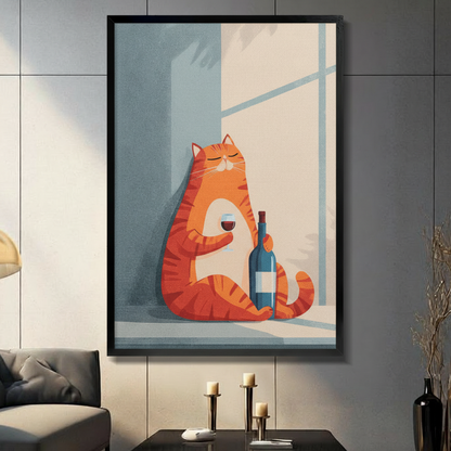 Chubby orange tabby cat holding red wine glass beside blue wine bottle by sunny window framed wall art - minimalist flat illustration canvas print with powder blue and warm cream background for living room decor