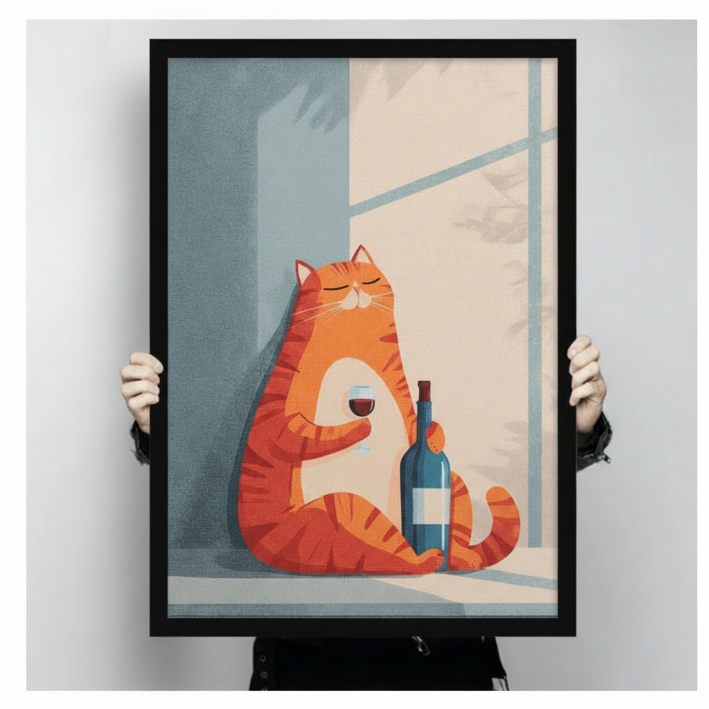 Hands holding large framed chubby orange cat with red wine canvas print - full artwork detail of minimalist flat illustration contented orange tabby cat with closed eyes holding wine glass beside tall blue bottle with soft window shadow on cream background