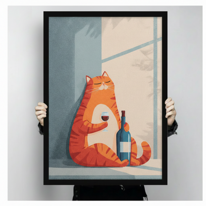 Hands holding large framed chubby orange cat with red wine canvas print - full artwork detail of minimalist flat illustration contented orange tabby cat with closed eyes holding wine glass beside tall blue bottle with soft window shadow on cream background