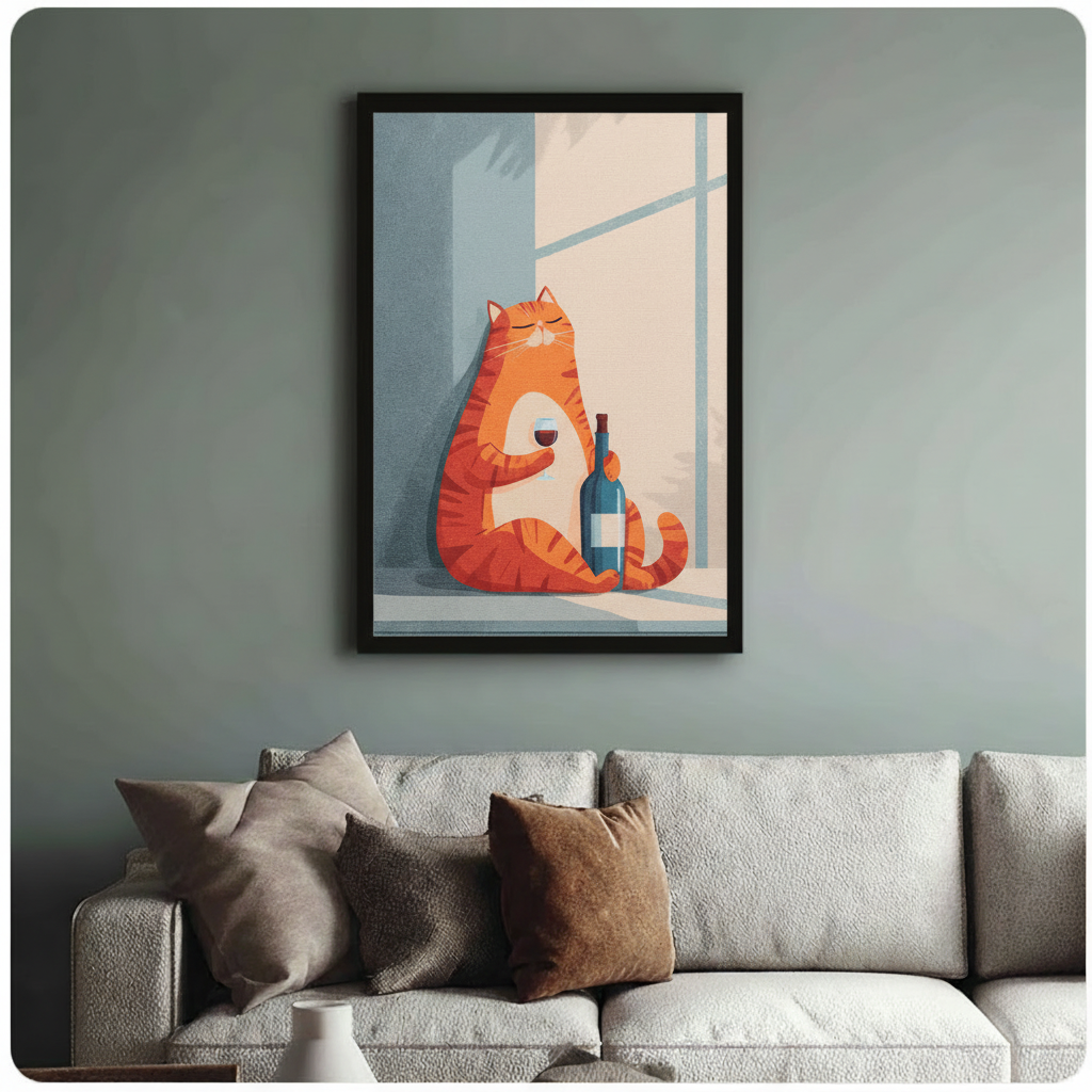 Chubby orange cat with red wine framed art print above cream bouclé sofa on sage green wall - charming minimalist cat illustration canvas wall decor with warm orange and cool blue window light palette