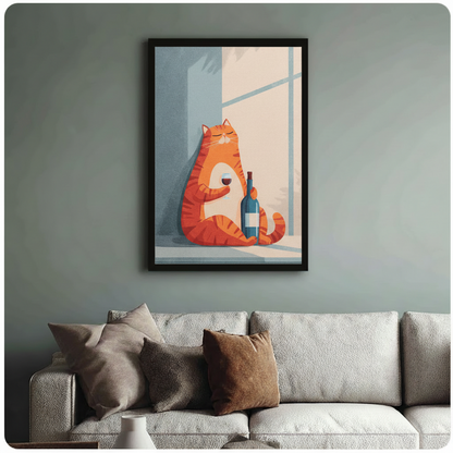 Chubby orange cat with red wine framed art print above cream bouclé sofa on sage green wall - charming minimalist cat illustration canvas wall decor with warm orange and cool blue window light palette
