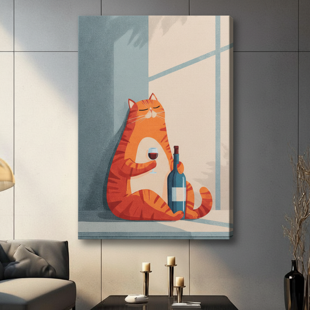 Unframed chubby orange tabby cat with eyes closed holding red wine glass next to blue bottle in sunlit window canvas print - cozy minimalist flat illustration cat wall art with soft powder blue and cream tones for contemporary home decor