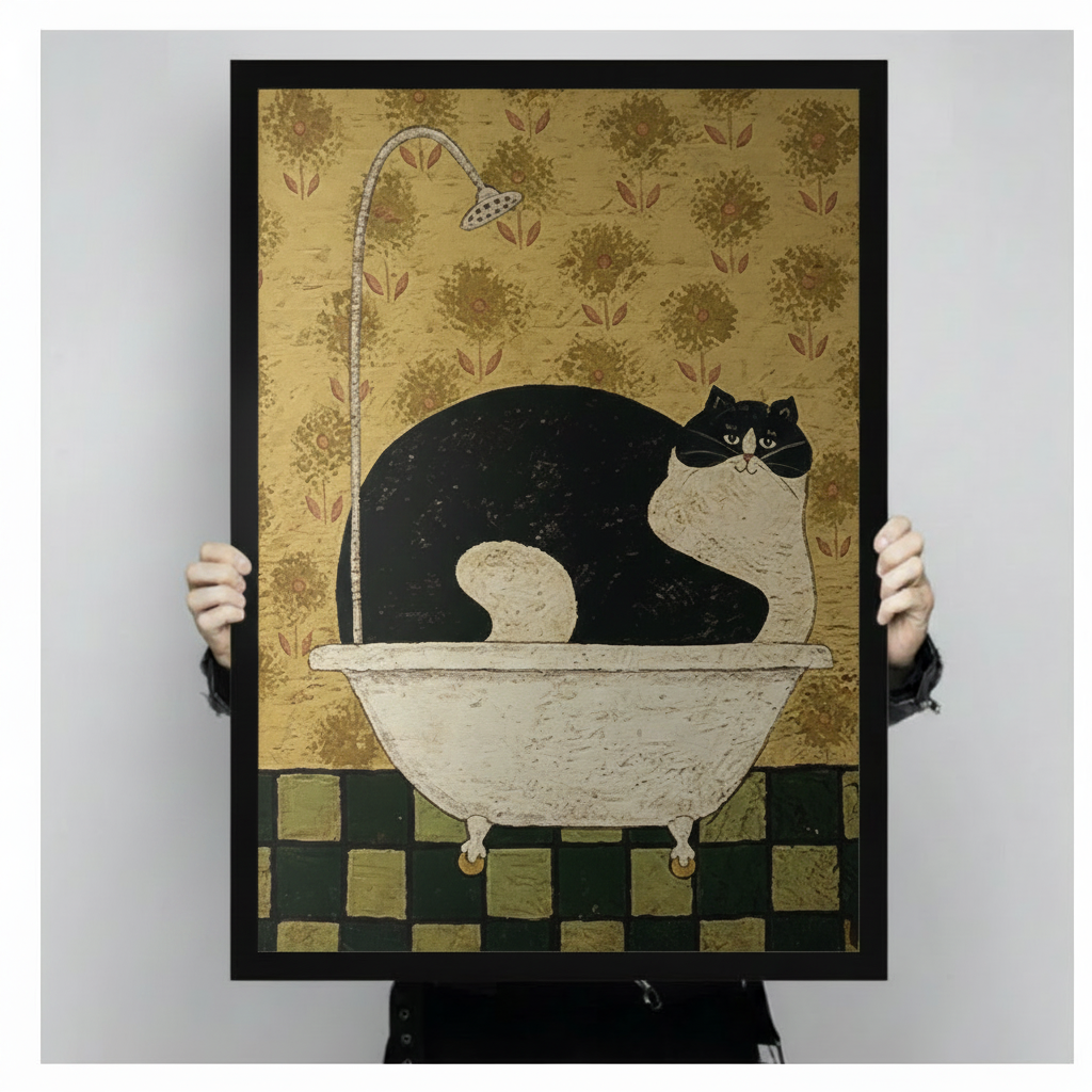 Close-up of a black framed art print showing a fat tuxedo cat sitting in a white clawfoot bathtub, surrounded by antique gold floral wallpaper and a dark green checkered tile floor, held by two hands