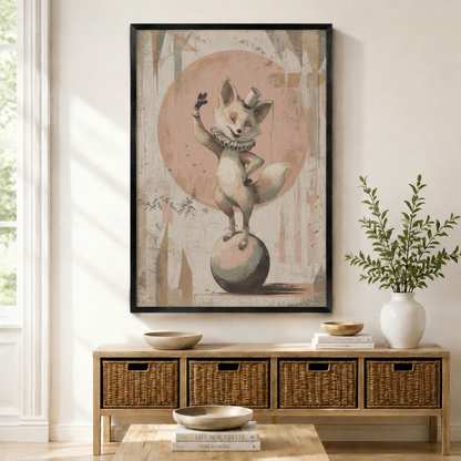 Black framed vintage circus fox acrobat balancing on a ball with a top hat and ruffled collar wall art mounted above a light wood wicker basket console with ceramic bowls, stacked books, and a tall white vase in a warm minimal entryway