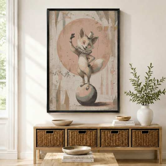Black framed vintage circus fox acrobat balancing on a ball with a top hat and ruffled collar wall art mounted above a light wood wicker basket console with ceramic bowls, stacked books, and a tall white vase in a warm minimal entryway