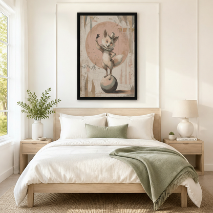 Black framed whimsical vintage circus fox balancing on a ball in a top hat and ruffled collar wall art above a light oak bed with white linen bedding, a sage green fringed throw blanket, wooden nightstands, and a white ceramic table lamp in a bright Scandinavian bedroom