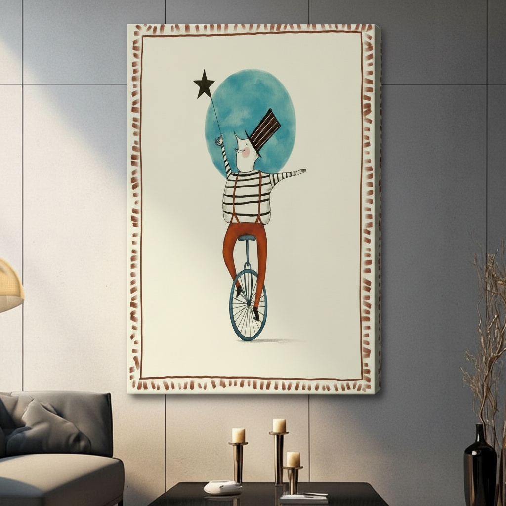 Canvas wrap circus unicycle performer art print hung in contemporary living room with grey sofa