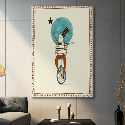 Canvas wrap circus unicycle performer art print hung in contemporary living room with grey sofa