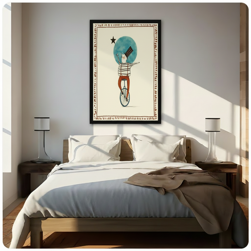 Framed whimsical circus unicycle wall art print above wooden bed in bright Scandinavian-style bedroom