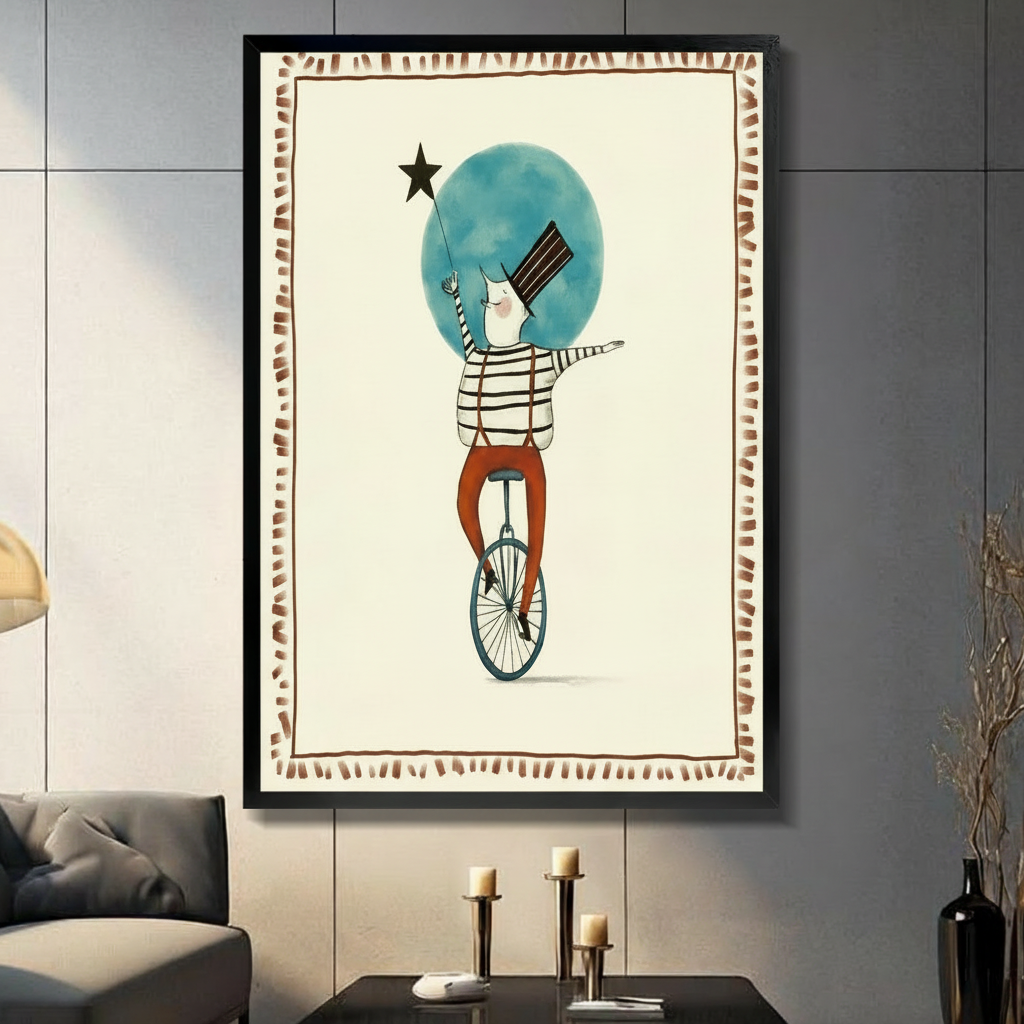 Framed circus unicycle rider wall art print displayed in modern living room with dark sofa and candlestick decor
