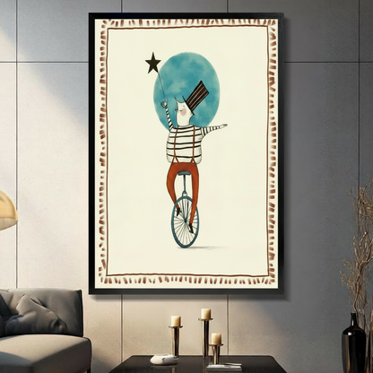 Framed circus unicycle rider wall art print displayed in modern living room with dark sofa and candlestick decor