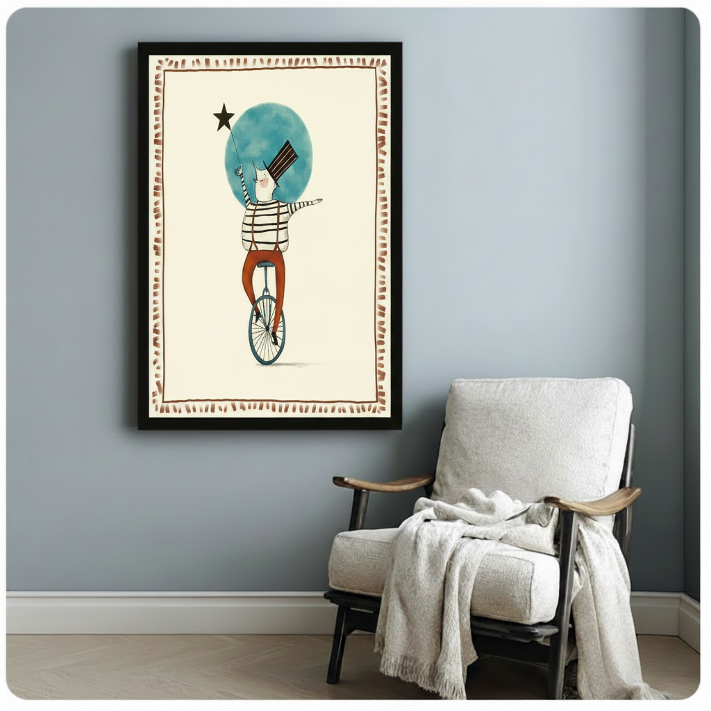 Circus unicycle rider framed wall art print displayed beside mid-century armchair in cozy reading nook