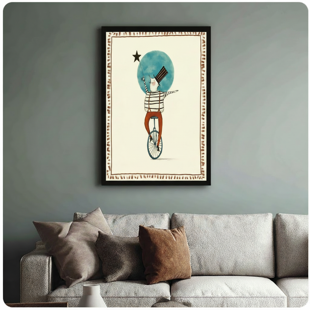 Black framed whimsical unicycle circus art print on sage green wall above linen sofa