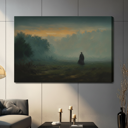 Gallery wrapped canvas print featuring a solitary cloaked silhouette in a foggy twilight meadow with golden horizon, hung in a contemporary living space