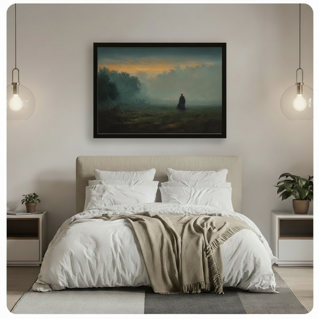 Moody framed wall art print of a lone cloaked silhouette in a misty twilight field, styled above a neutral white bed in a minimal modern bedroom