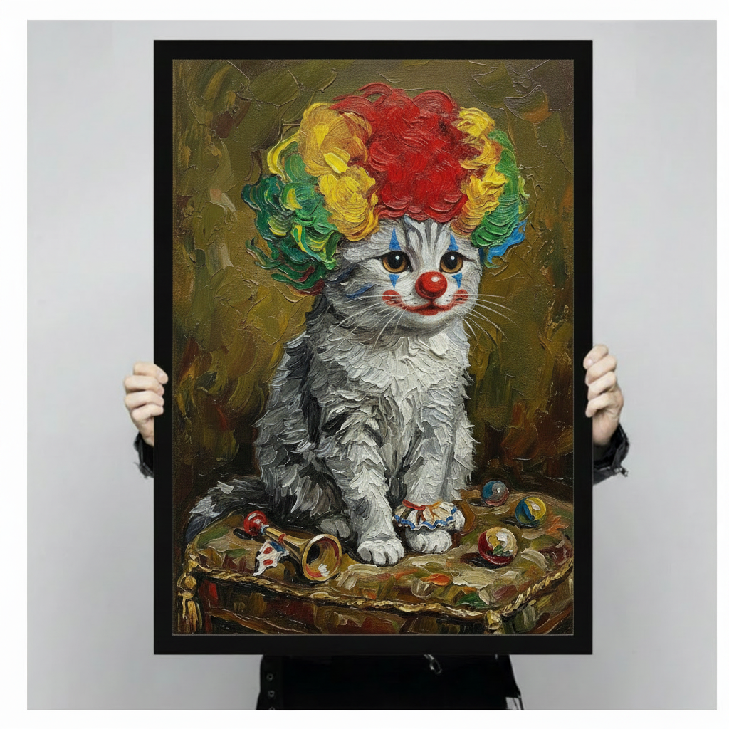 Person holding framed clown kitten canvas art showing size reference, gray cat with rainbow clown wig red nose oil painting portrait