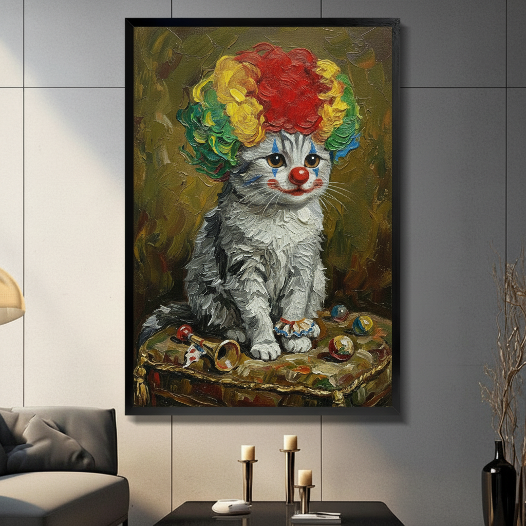 Framed canvas wall art of a cute gray kitten wearing colorful clown wig and red nose, oil painting style hung in modern living room