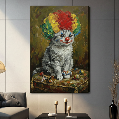 Frameless canvas print of gray kitten dressed as clown with rainbow wig displayed on living room wall, whimsical oil painting home decor