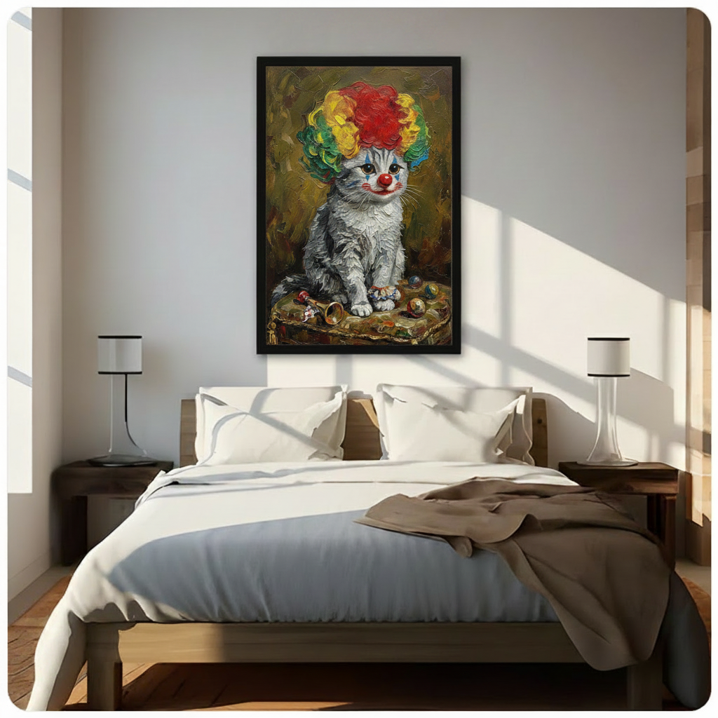 Cute clown cat canvas wall art with black frame hung above wooden bed headboard in bright bedroom, whimsical kitten oil painting decor
