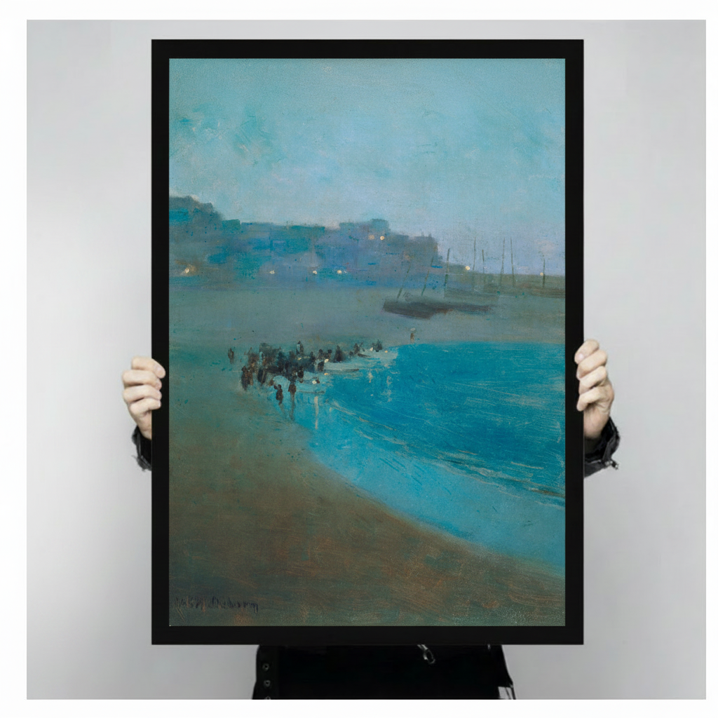 Person holding black-framed coastal nocturne impressionist art print to show actual poster size and print quality