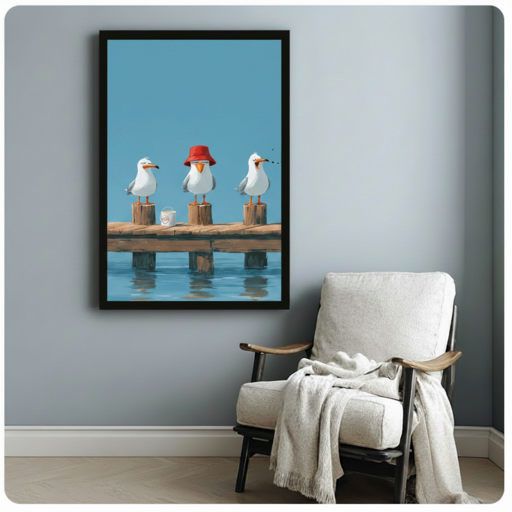 Framed coastal seagull wall art print on light blue-grey wall beside a linen armchair, funny bird illustration with red hat