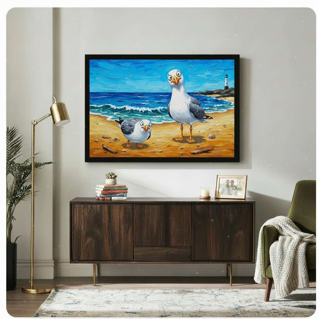 Coastal seagull canvas art in black frame on light gray wall above dark walnut sideboard with gold floor lamp