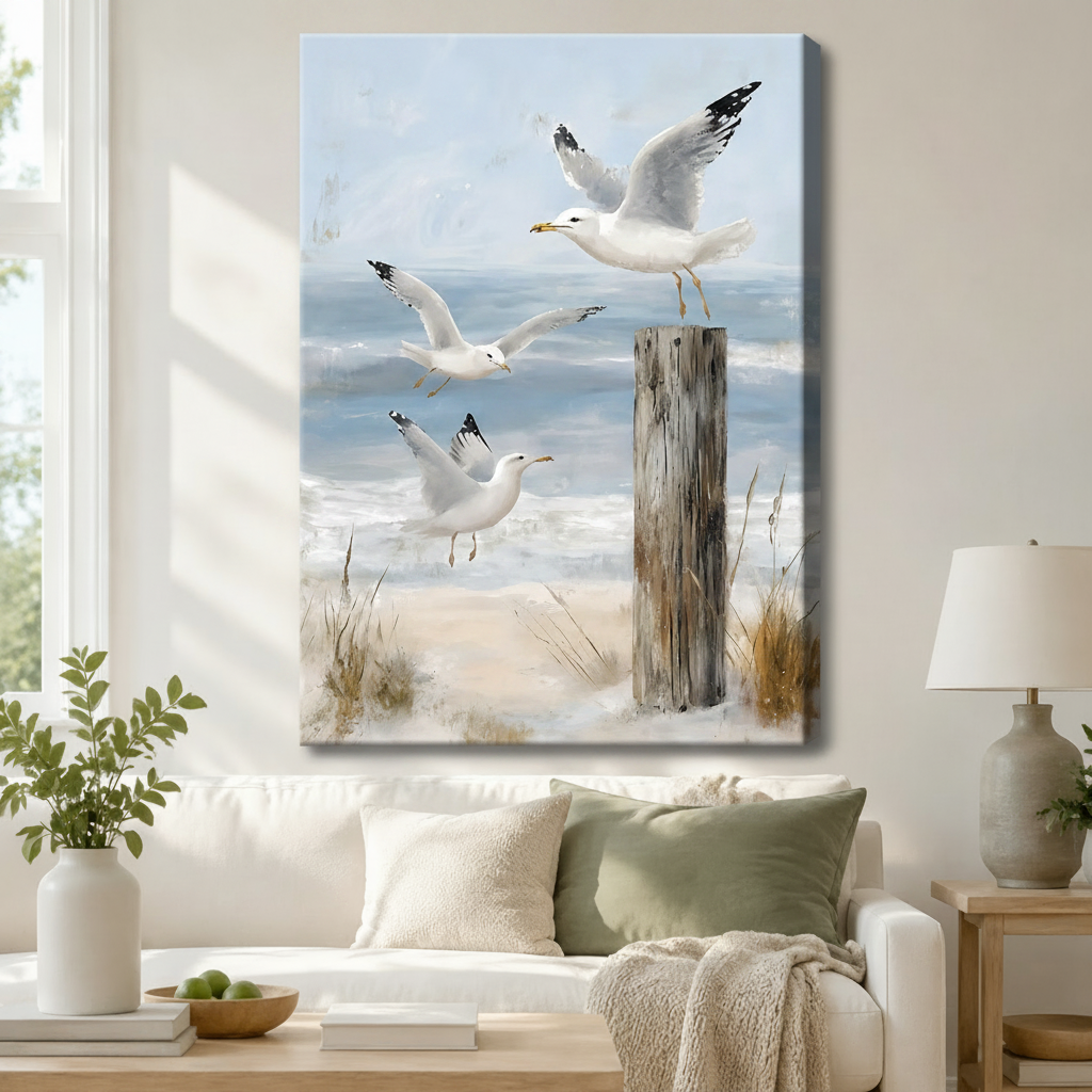 Stretched canvas coastal seagull wall art depicting three gulls soaring above a driftwood post on a sandy beach with soft blue ocean tones, hung above a white sofa in a modern coastal living room