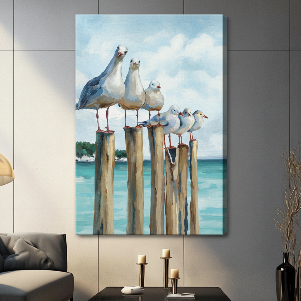 Unframed stretched canvas print of five white seagulls standing in a row on weathered wooden dock posts with a bright turquoise sea and soft cloudy sky in realistic coastal oil painting style
