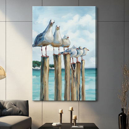 Unframed stretched canvas print of five white seagulls standing in a row on weathered wooden dock posts with a bright turquoise sea and soft cloudy sky in realistic coastal oil painting style
