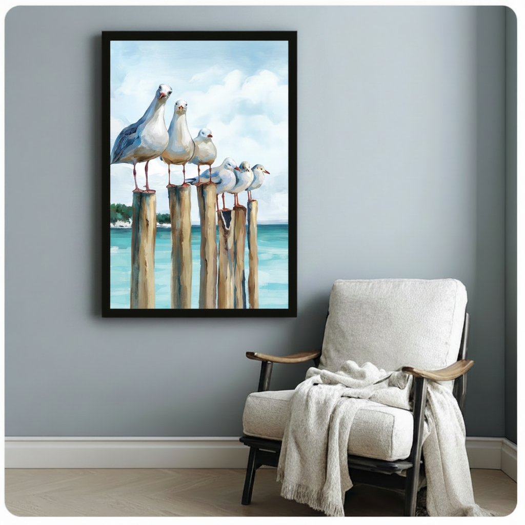 Black framed coastal seagull pier canvas art print with five white seagulls on wooden dock posts against a turquoise ocean and cloudy sky in realistic oil painting style on a blue-grey wall beside a white linen armchair