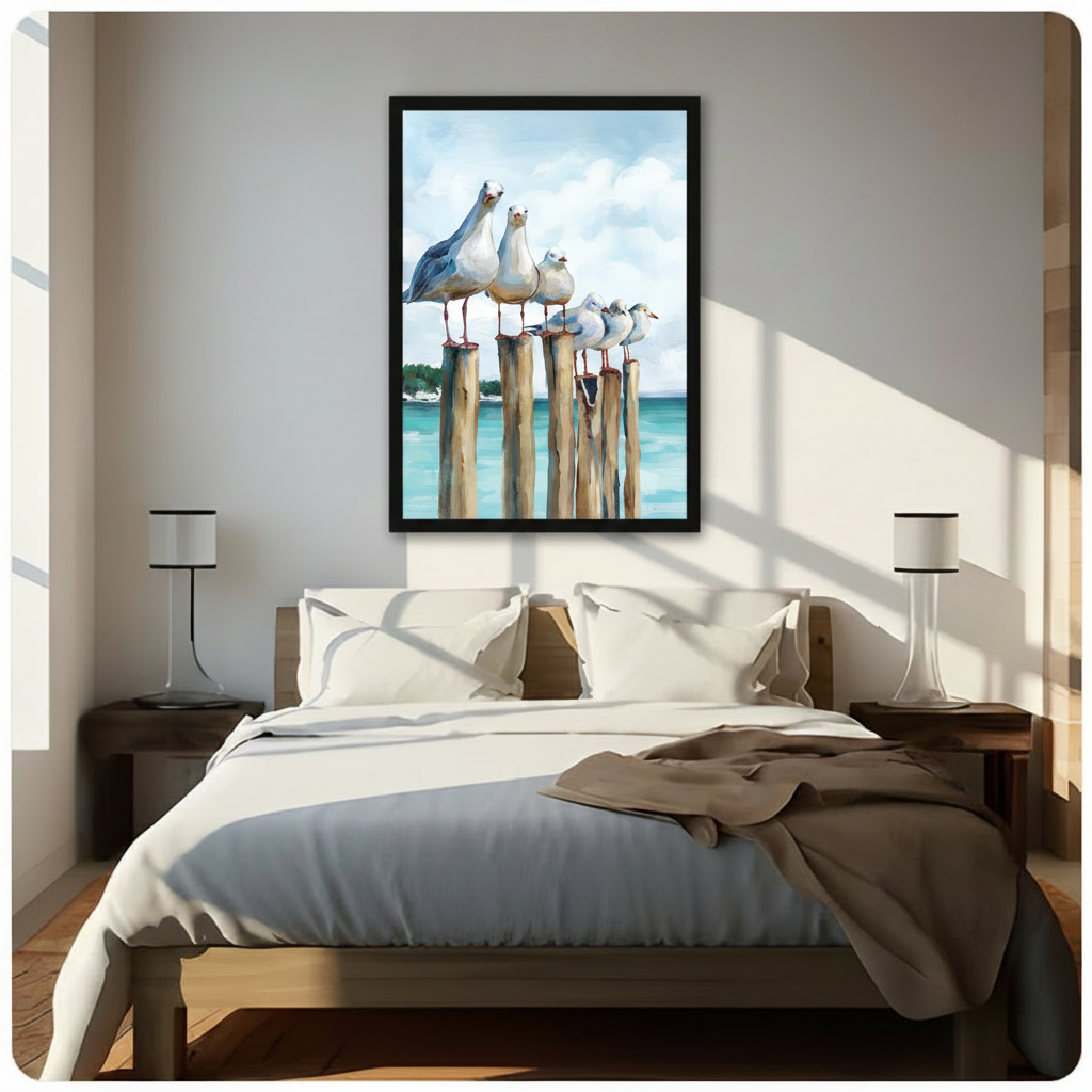 Framed coastal oil painting of five white seagulls perched on wooden pier posts with turquoise ocean waves and bright cloudy sky canvas wall art hung above a wooden bed with white bedding in a sunlit minimalist bedroom