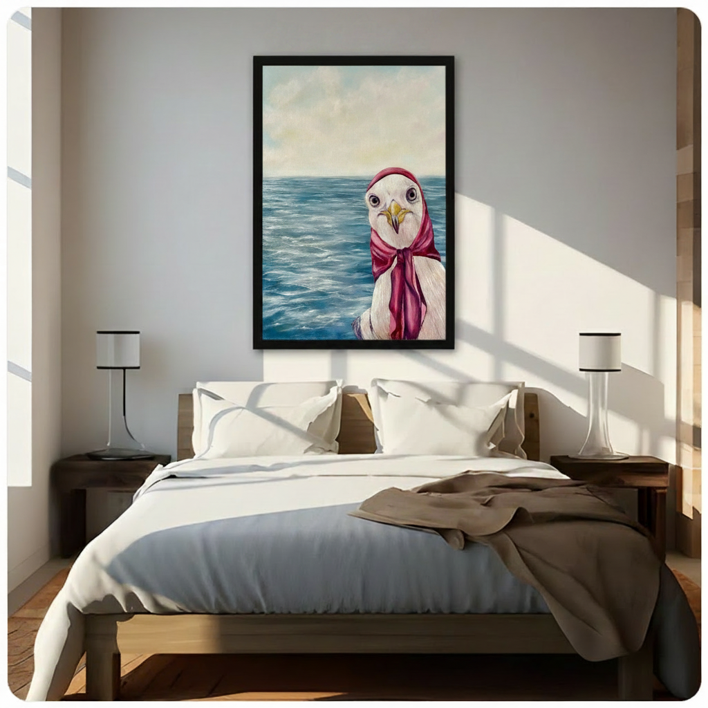 Framed oil painting style canvas of a seagull wearing a red headscarf with ocean waves in the background, displayed above a bed in a bright minimalist bedroom with warm wood furniture
