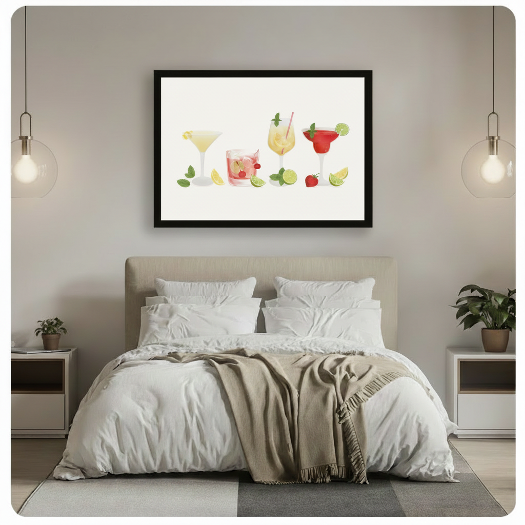 Black framed cocktail illustration canvas art above a neutral-toned bed, featuring four drinks with citrus and berry garnishes for bedroom wall decor