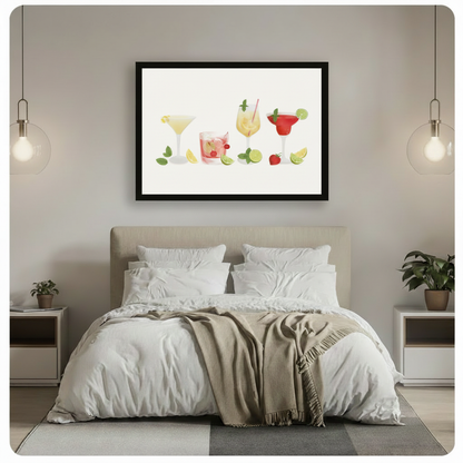 Black framed cocktail illustration canvas art above a neutral-toned bed, featuring four drinks with citrus and berry garnishes for bedroom wall decor