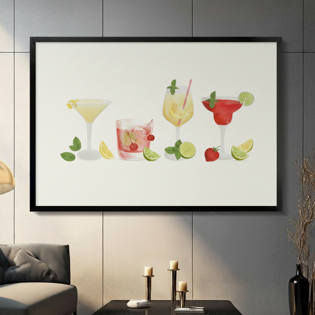 Framed canvas wall art featuring four colorful cocktail illustrations with citrus and mint garnishes, displayed in a modern living room