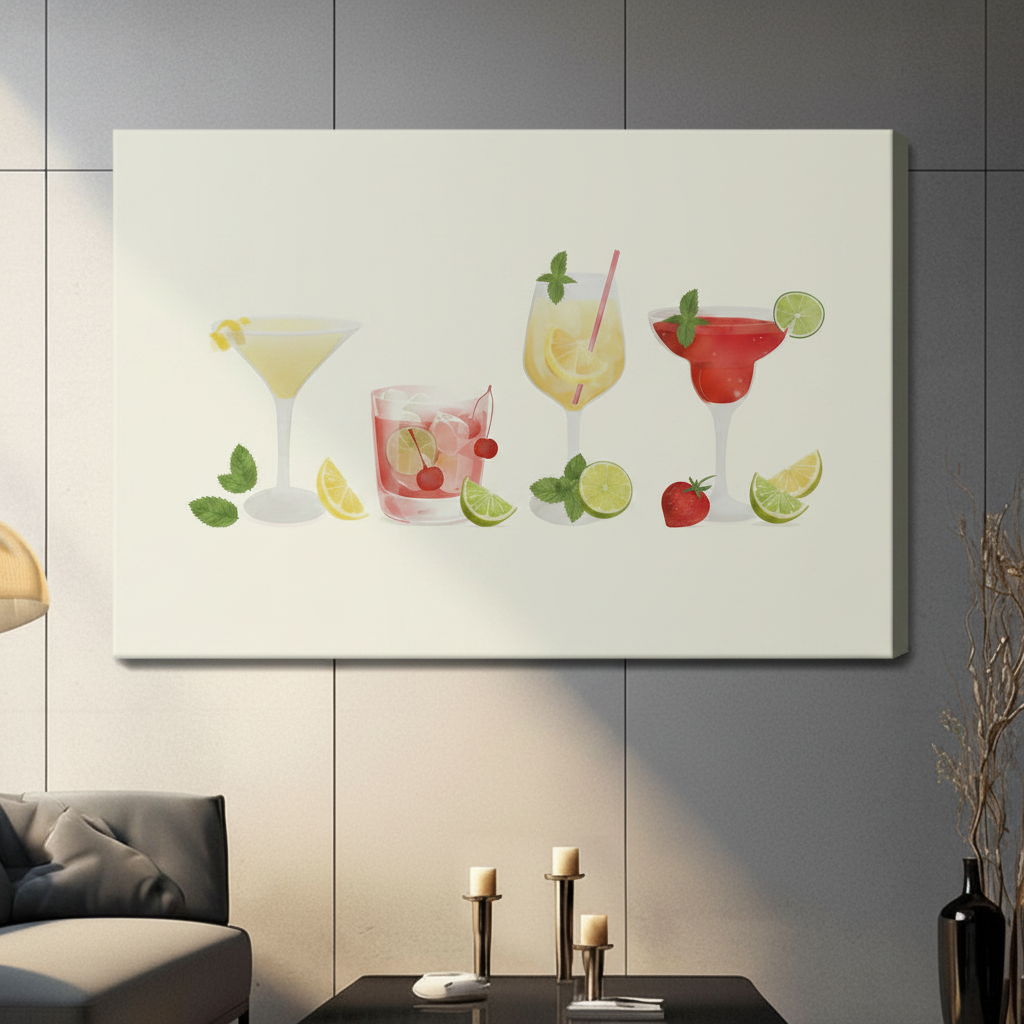 Gallery-wrapped canvas print of four summer cocktails with strawberry, cherry, and lime accents, hung in a contemporary living space