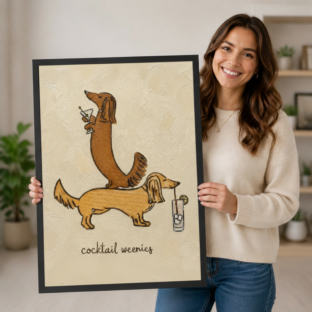 Smiling woman holding a large black-framed canvas print of two dachshunds holding cocktails with "cocktail weenies" lettering, showing print size, frame quality, and warm textured illustration detail up close