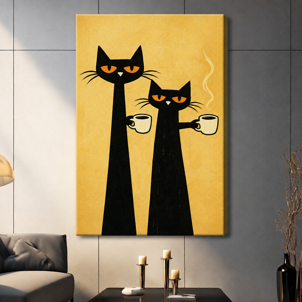 Retro illustration of two tall black cats with orange eyes holding steaming coffee cups on a yellow background funny cat wall art stretched canvas dark panel wall living room