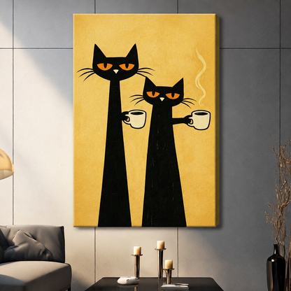 Retro illustration of two tall black cats with orange eyes holding steaming coffee cups on a yellow background funny cat wall art stretched canvas dark panel wall living room