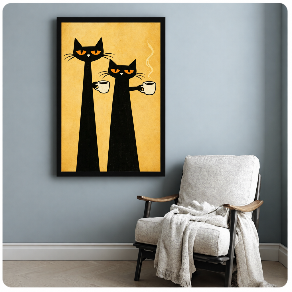 Retro illustration of two tall black cats with orange eyes holding steaming coffee cups on a yellow background funny cat wall art framed print beside armchair blue-gray wall