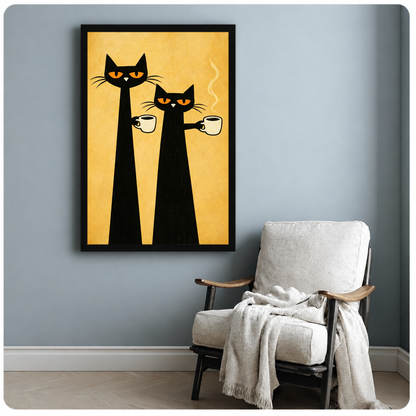 Retro illustration of two tall black cats with orange eyes holding steaming coffee cups on a yellow background funny cat wall art framed print beside armchair blue-gray wall