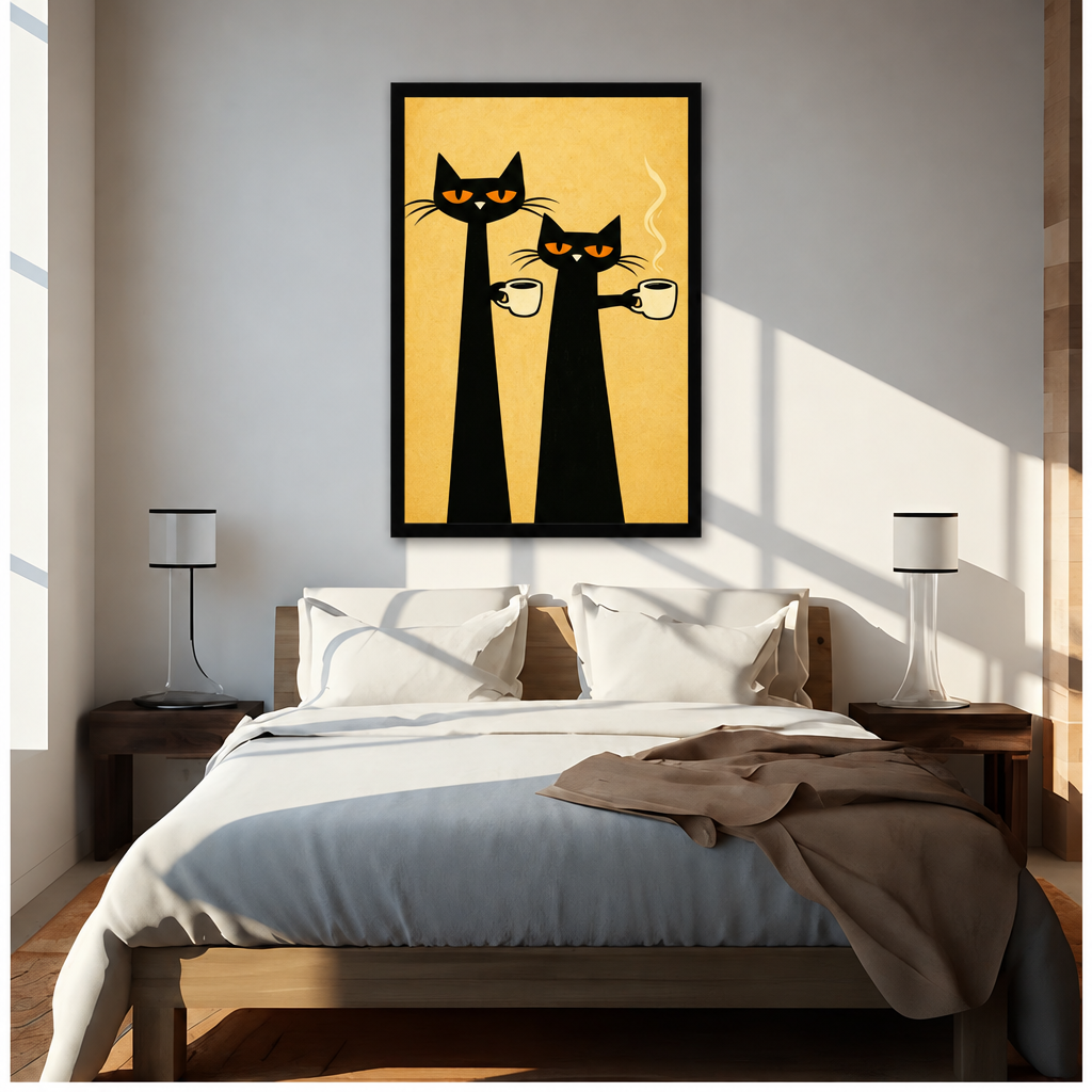Retro illustration of two tall black cats with orange eyes holding steaming coffee cups on a yellow background funny cat wall art framed print above bed sunlit bedroom
