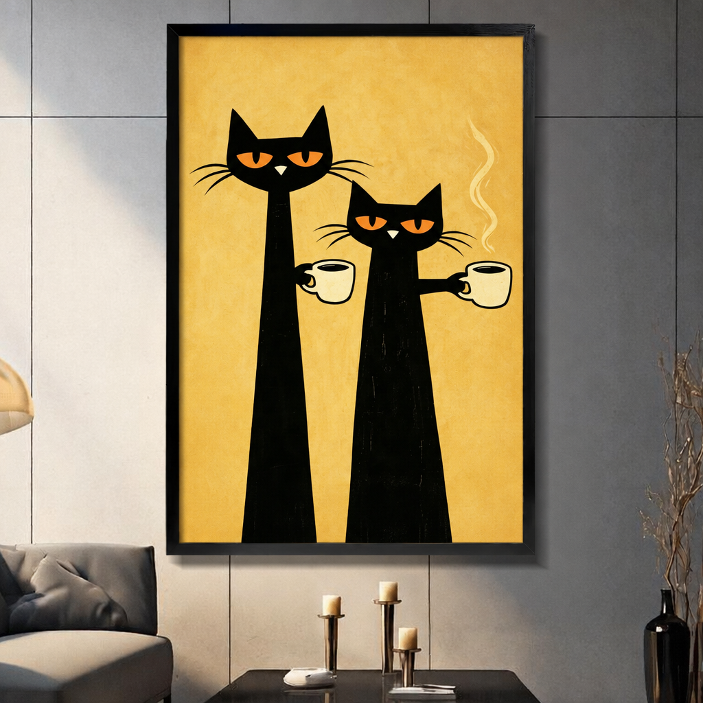 Retro illustration of two tall black cats with orange eyes holding steaming coffee cups on a yellow background funny cat wall art framed print dark panel wall living room