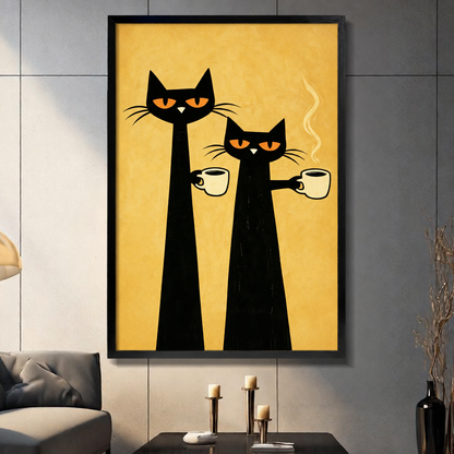 Retro illustration of two tall black cats with orange eyes holding steaming coffee cups on a yellow background funny cat wall art framed print dark panel wall living room