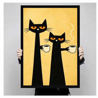Retro illustration of two tall black cats with orange eyes holding steaming coffee cups on a yellow background funny cat wall art framed print held up